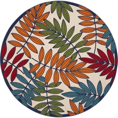 Homeroots 8 ft. Round Multi Color Leaves Indoor & Outdoor Area Rug 384948